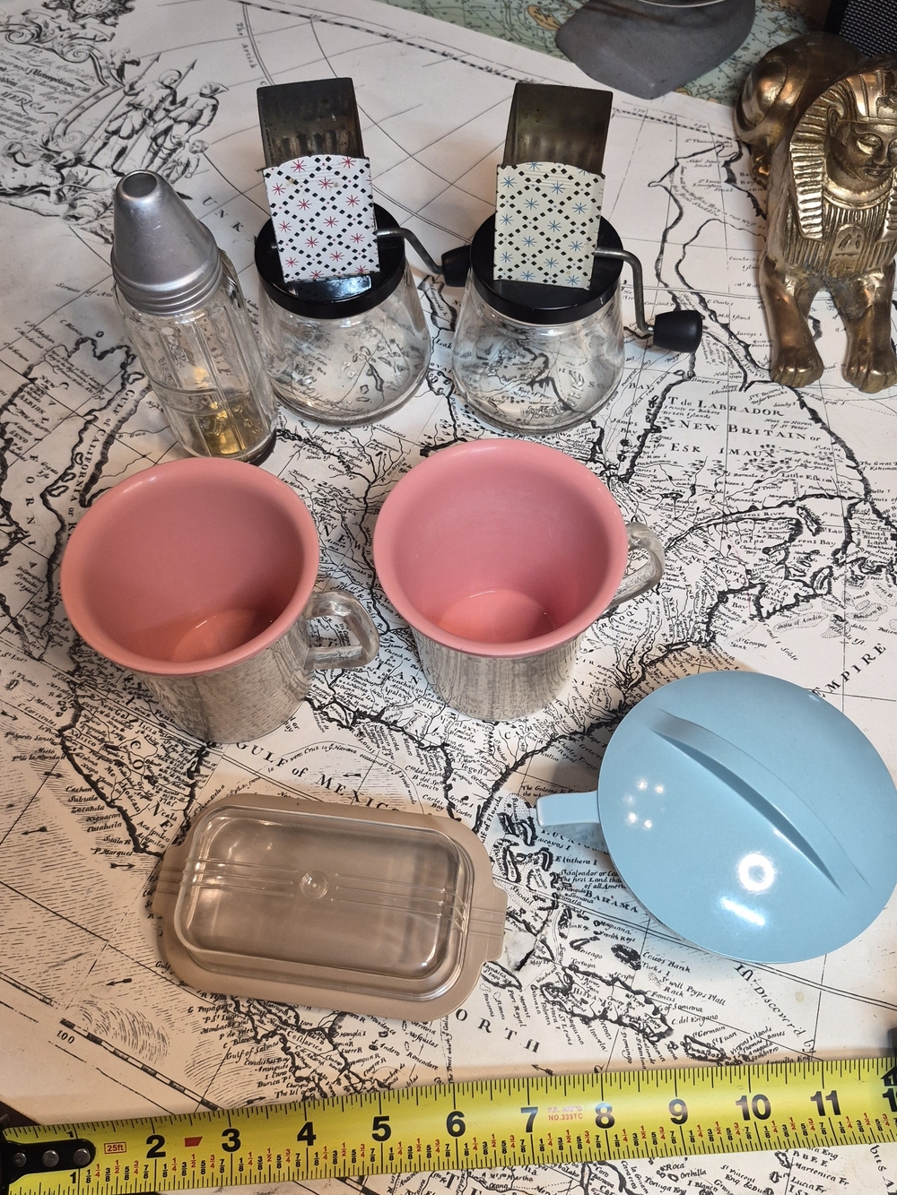 Vintage MCM Kitchen Lot Androck Nut Choppers Raffiaware Mugs Melmac Sugar Bowl